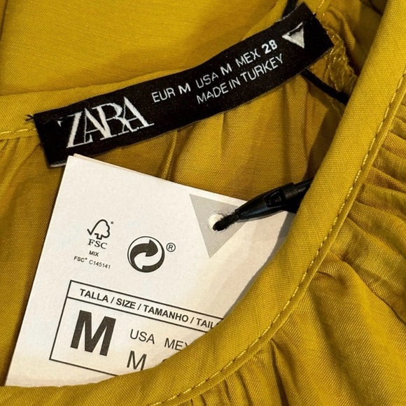 Zara Yellow Puff Sleeve Babydoll Mini Dress Ruched Waist NWT Size M - Picture 9 of 9